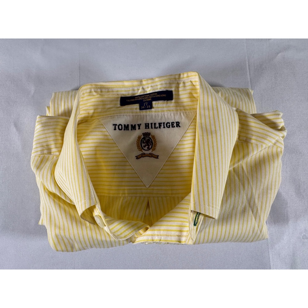 VTG Tommy Hilfiger Mens Yellow White Striped Cotton Button Down 17 34-35 | Mint